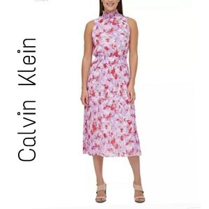 CALVIN KLEIN PLEATED SMOCK NECK CHIFFON DRESS SIZE XS